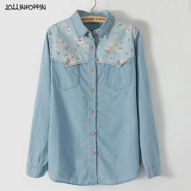 Japanese Mori Style Women Floral Pattern Light Blue Denim Shirt Turn Long Sleeve Down Collar Flowers Printed Jean Shirts | Женская