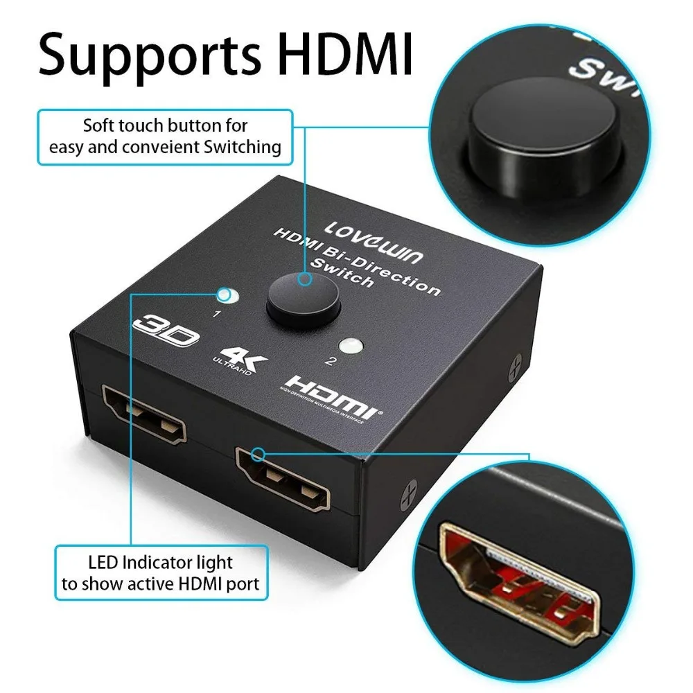 Переключатель 4K HD 2 порта двунаправленный 1x2 / 2x1 HDMI совместимый сплиттер порты Sup