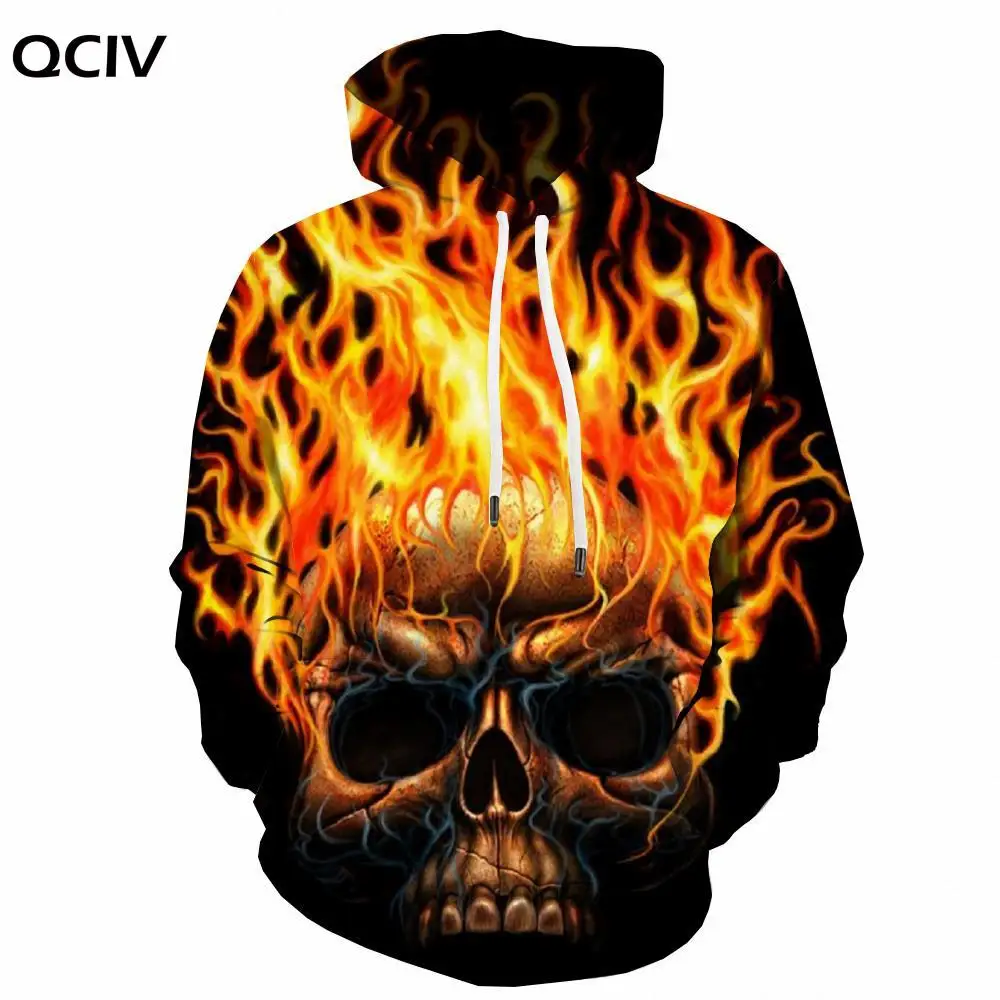

QCIV Brand Skull Hoodie Men Punk 3d Printed Flame Hoody Anime Black Hooded Casual Long Sleeve Hip Hop Winter New High Quality