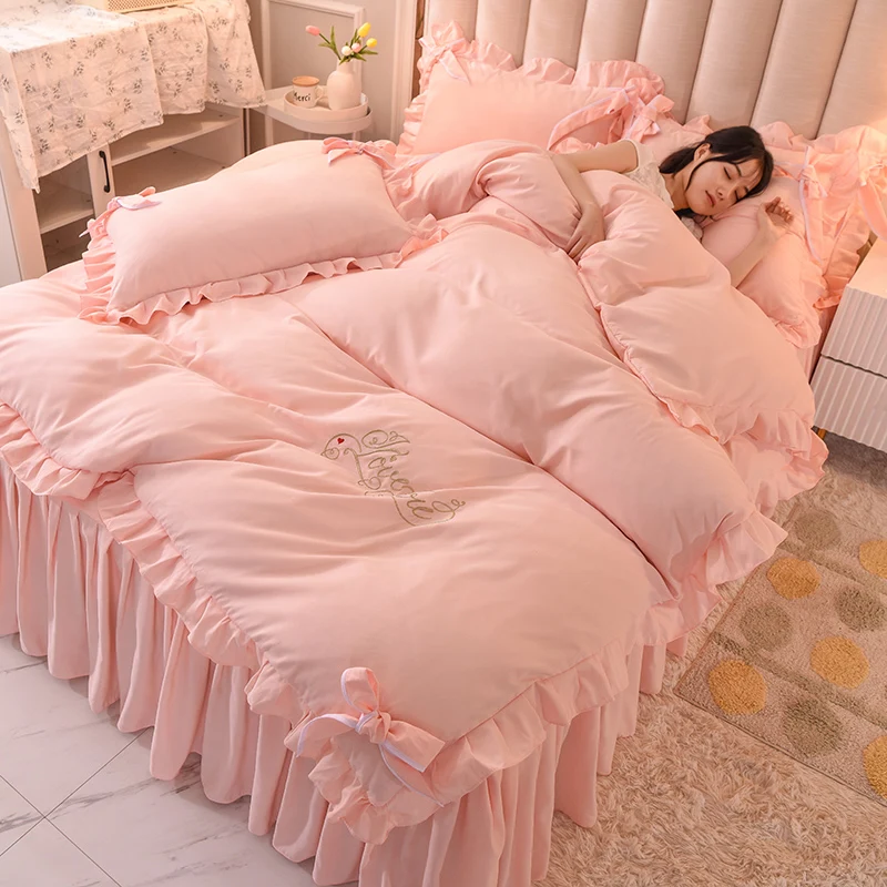 

Хлопковая постельная юбка/простыня в стиле принцессы с бантом-бабочкой, Комплект постельного белья из четырех предметов с вышивкой L10