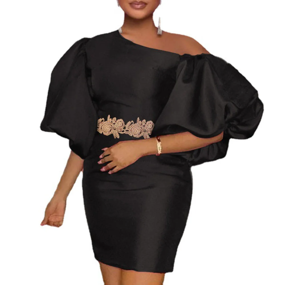 Женское платье с высокой талией однотонное в западном стиле рукавами-фонариками