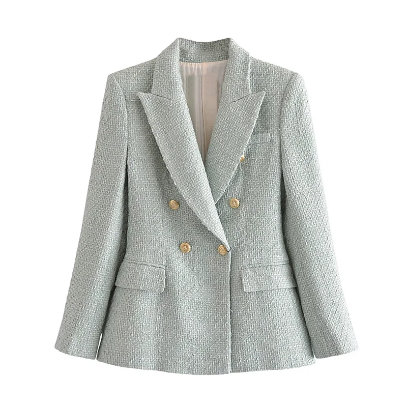 

Женский двубортный твидовый Блейзер za, винтажный пиджак с длинными рукавами и карманами с откидной крышкой, верхняя одежда, 2021