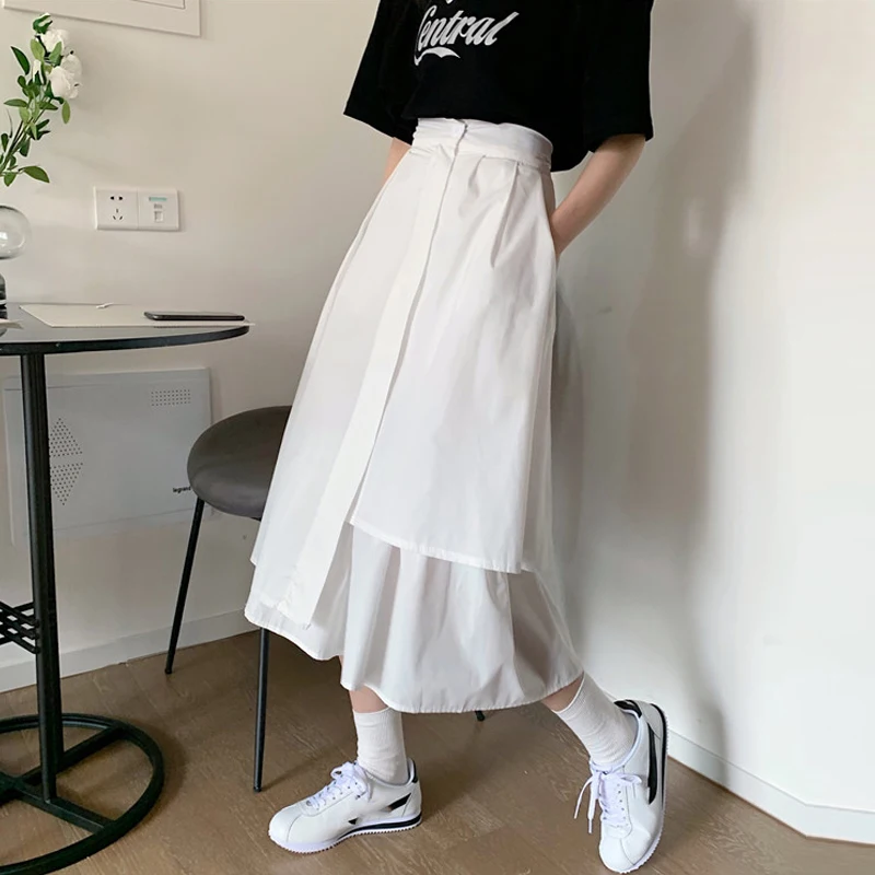 

Spring 2020 Women Pleated Skirt A Line Splicing double layers Long Skirt Party Vintage Midi Skirts for women