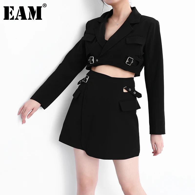 

[EAM] женское синее платье-блейзер с перекрестной пряжкой, с вырезами, новинка, с отворотом, с длинным рукавом, свободный крой, весна-осень 2021, ...