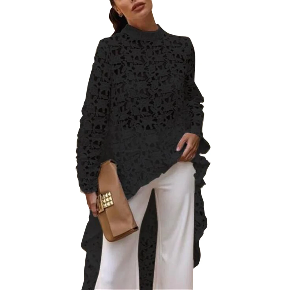 Черный Women Asymmetric Long Shirt Round Neck Long Sleeve Hollow Casual High Low Blouse Top IK88 - Цвет: Черный