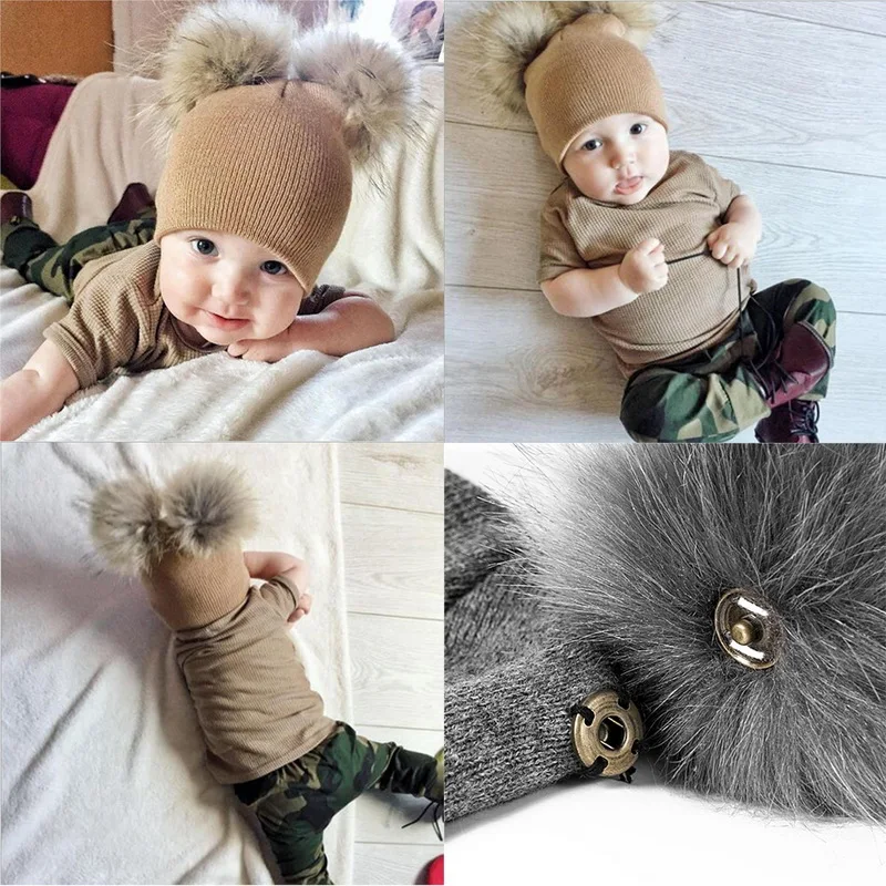 Adisputent Winter Baby Warm Hat Infant Knit Toddler Crochet double fuffy ball Beanie Ski Cap 2019 new fashion Comfortable | Аксессуары