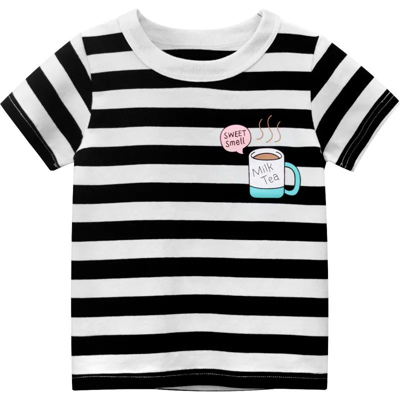 

New Cotton stripe Baby boy clothes T-Shirt Children soft Breathable Cartoon tea and milk sport top kids fashion clothes beach