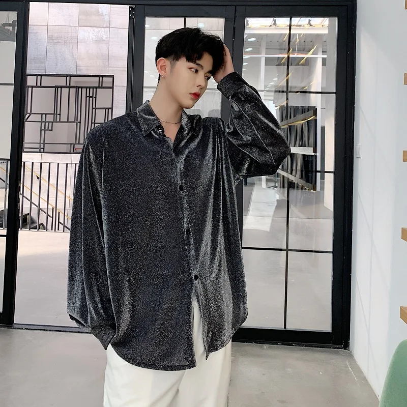 Мужская Серебряная тканевая Повседневная Свободная рубашка с длинным рукавом