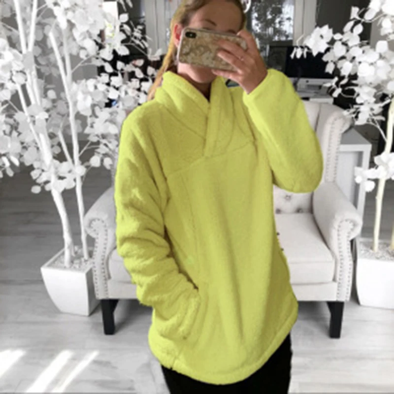 

S-3XL размера плюс новый теплый свитер с капюшоном для осени/зимы Женский Повседневный однотонный свободный свитер с карманами Модный Универ...