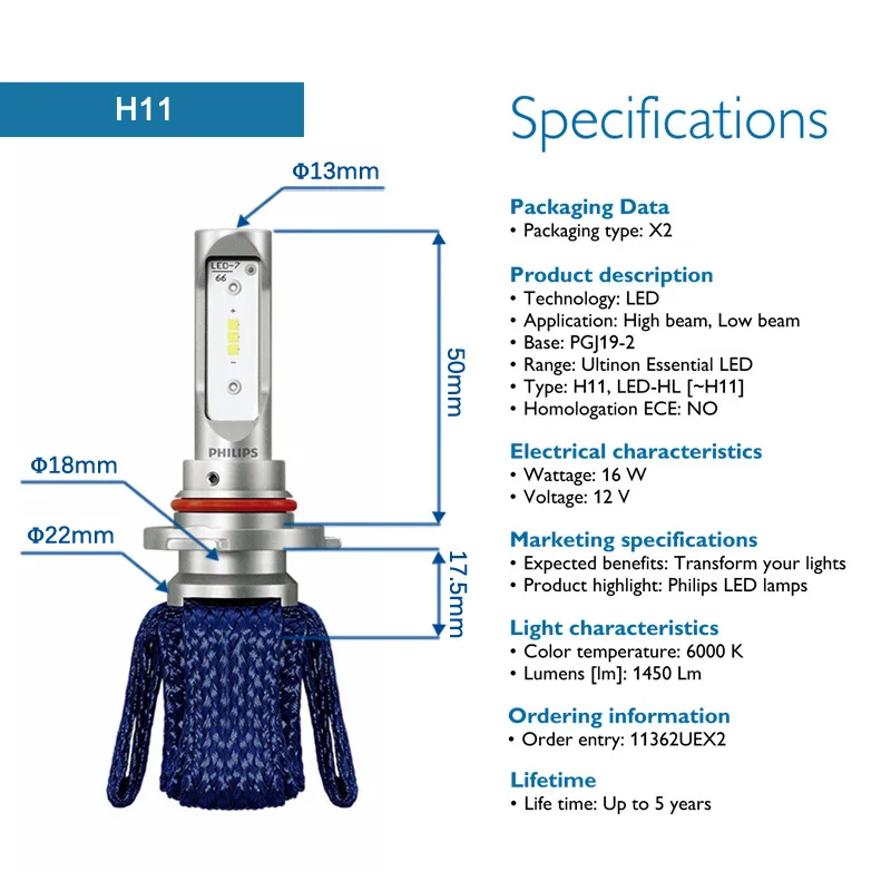 Philips Ultinon Эфирное светодиодный комплект 6000 K 12 V H4 H7 H11 HB3 HB4 H1R2 9005 9006 9012 фар H8 H16