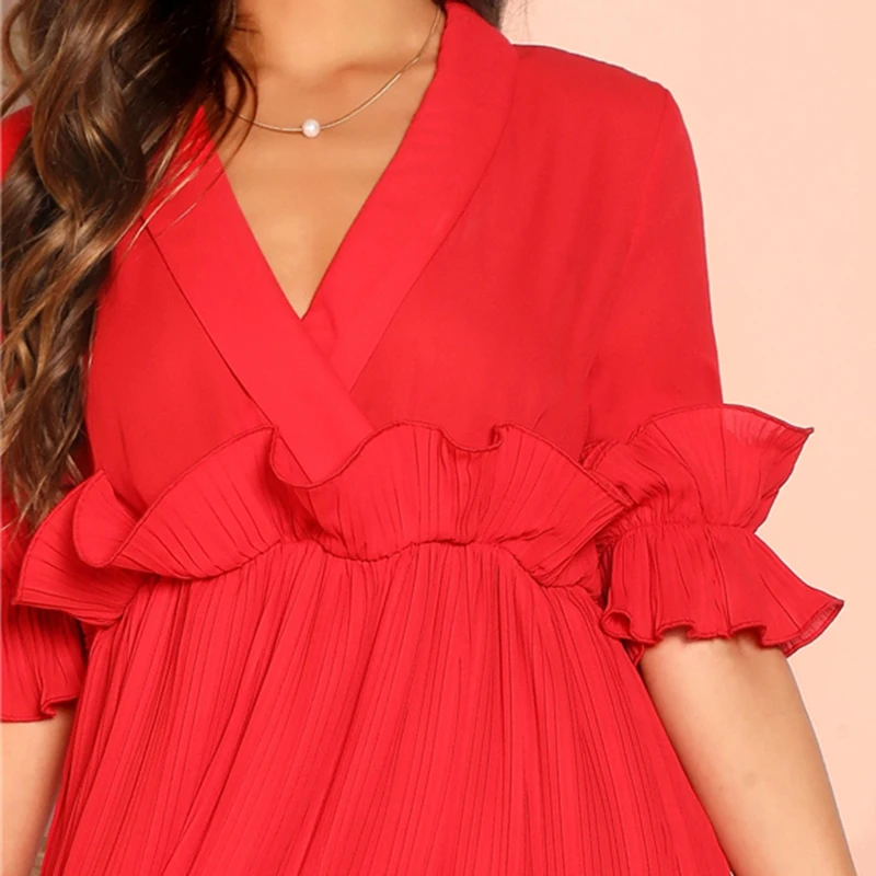 SHEIN Платье На Запах С Глубоким Вырезом И Оборками Сексуальное Платье С Рюшами С Средним Рукавом Женские Летние Платья С Высокой Талией
