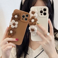 ins 3d plush flowers girl wrist band holder phone case for iphone 11 12 13 pro max se 202 x xs xr 7 8 plus square silicone cover