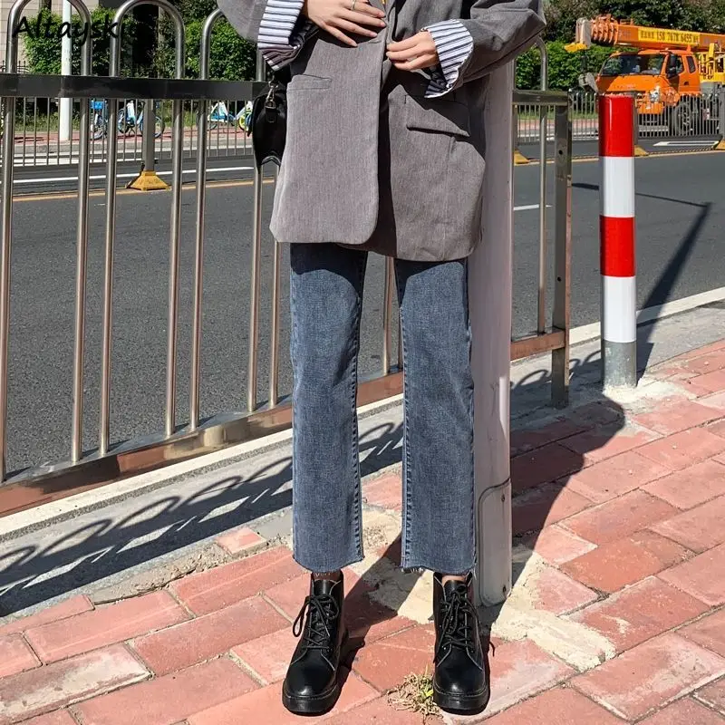 

Women Jeans Slim Stretchy Trousers Fur-lined Ankle-length High Waist Straight Streetwear Harajuku Vintage Retro Female All-match