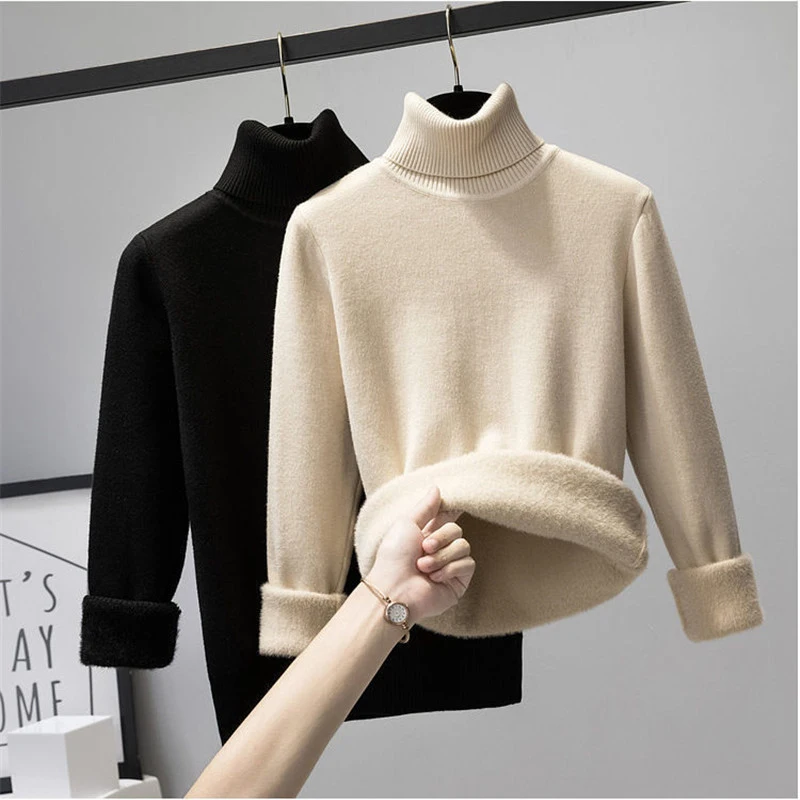 

2022 New Winter Warm Velvet Turtleneck Sweaters Women Korean Fashion Snow Wear Slim Sweater Thicken Basic Knitted Tops Female