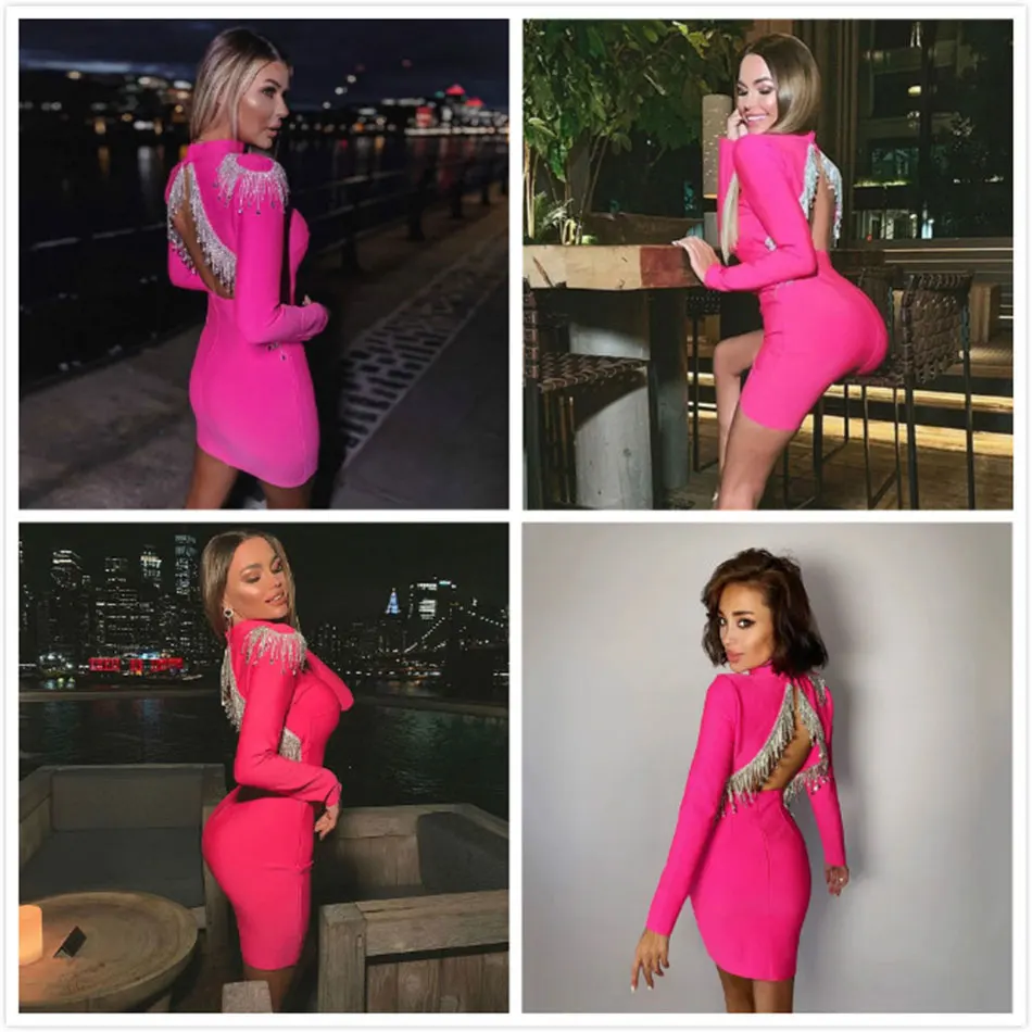 

2021 ladies bandage dress high neck long sleeve sexy halter neck beaded fringe dress tight dress party dress