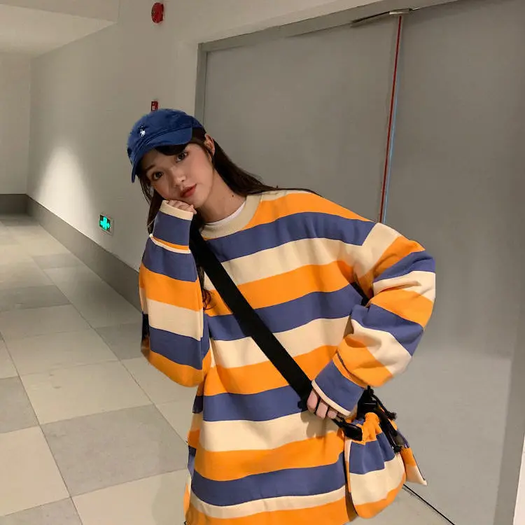 

hoodies women and men sweatshirt autumn loose 2021 new niche design sense super fire striped long sleeve shirt for men and women
