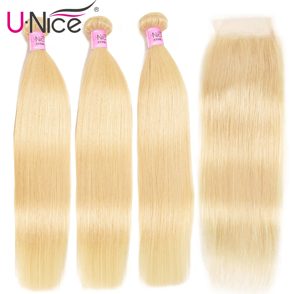 Волосы UNICE, 613 блонд, пряди, с закрытием, бразильские волосы Remy, прямые человеческие волосы, 3 пряди, с закрытием, человеческие волосы Remy