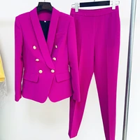 purple yellow pink pantsuits two piece set women office ladies double breasted golden buttons nine blazer pants set formal suits