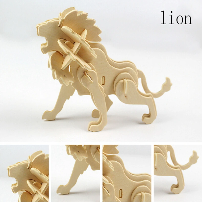 

DIY Kids 3D Wooden Puzzles Animal Lion Crocodile Snake Model Assembling Building Kits IQ Educational Toys for Children