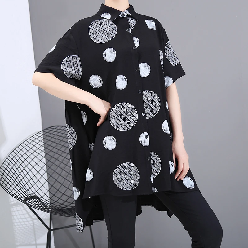 Женская блузка с принтом в черный горошек повседневная хипстерская большого