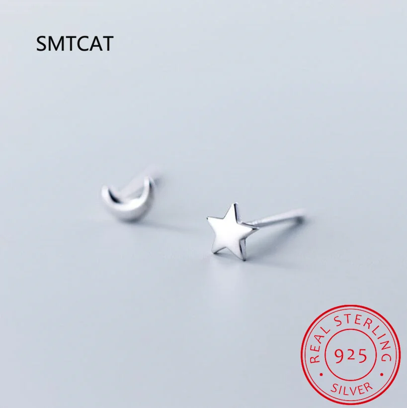 

Женские серьги-гвоздики SMTCAT, ювелирное изделие из стерлингового серебра 100% пробы, асимметричные серьги в виде Луны и звезды для дочки и деву...