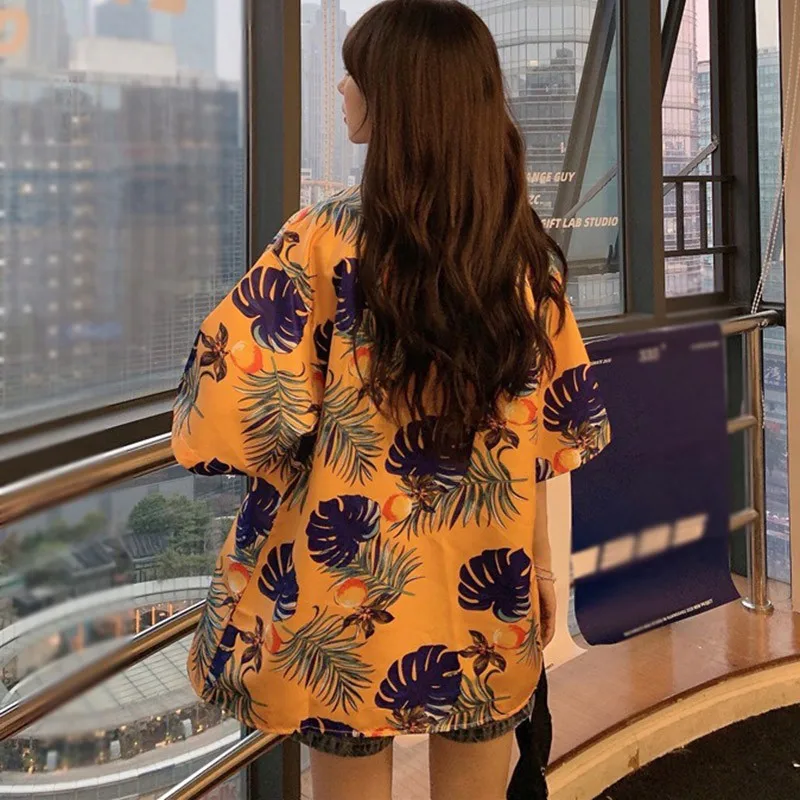 

New Arrival Women Summer Short Sleeve Loose Long Shirt Printing Beach Tops Shirt Turn-down Casual Retro Shirts