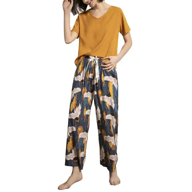 

Women Pajamas Sleepwear Contrast Color Short Sleeve V-Neck Top Floral Long Pants XX9D