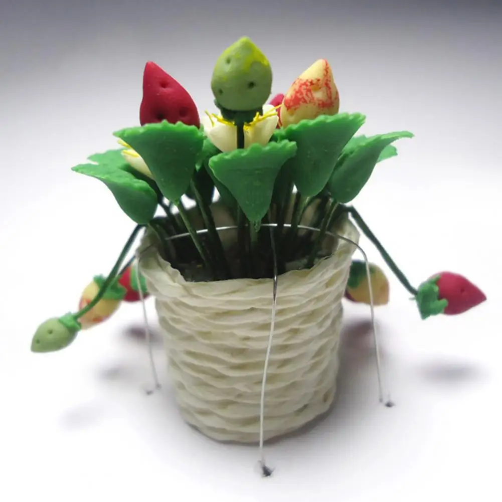 

1/12 Dollhouse Mini Clay Potted Plant Strawberry Flower Model Toy Ornament Decor