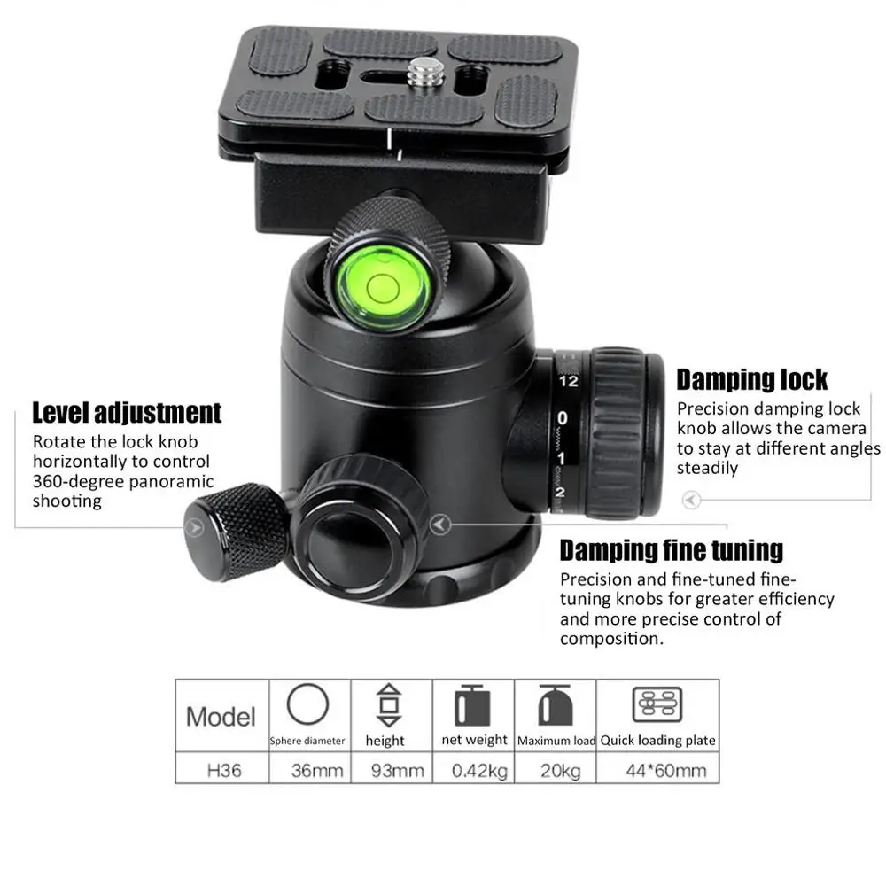 

H36 36mm 360 Horizontal Rotation Panoramic Tripod Ball Head Heavy Duty Loading 20Kg With Quick Releae Plate