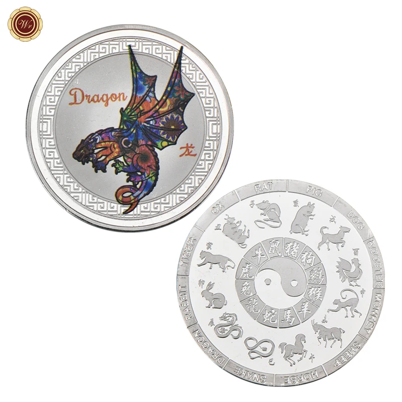 Dragon WR монеты зодиака китайского года крысы коллекционные с держателем для монет серебряные слитки вызов монеты Рождественский подарок для мужчин дропшиппинг - Цвет: Dragon