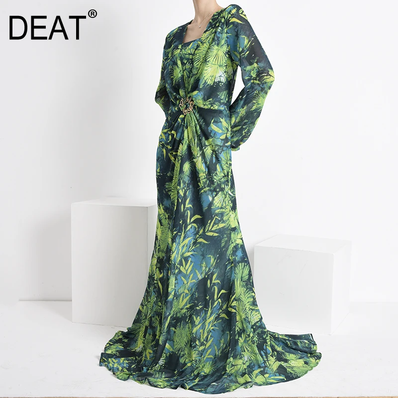 Женское длинное платье с v образным вырезом DEAT зеленое в пол высокой талией и