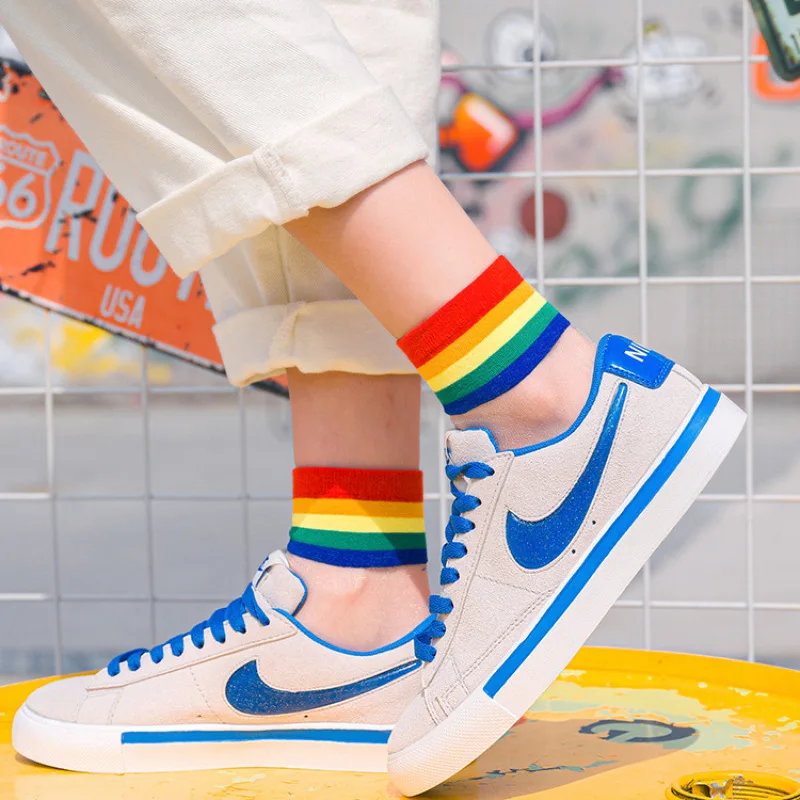 

Summer Super Thin Rainbow Socks For Sweet Girls Medium Stockings Transparent Net Crystal Stockings Trend Stripes Socks