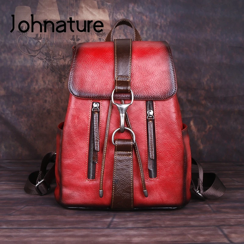 

Johnature 2022 New Genuine Leather Bagpack Women Retro First Layer Cowhide Travel Backpack With Strap Buckle Large Capacity Bag