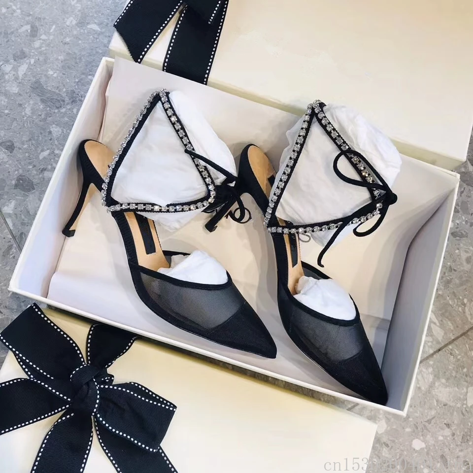 

Women Pumps Luxury Brand Crystal Women Stiletto High Heels Fashion Mesh Comfotable Women Pumps Ankle Lace Up Gladiator Sandals