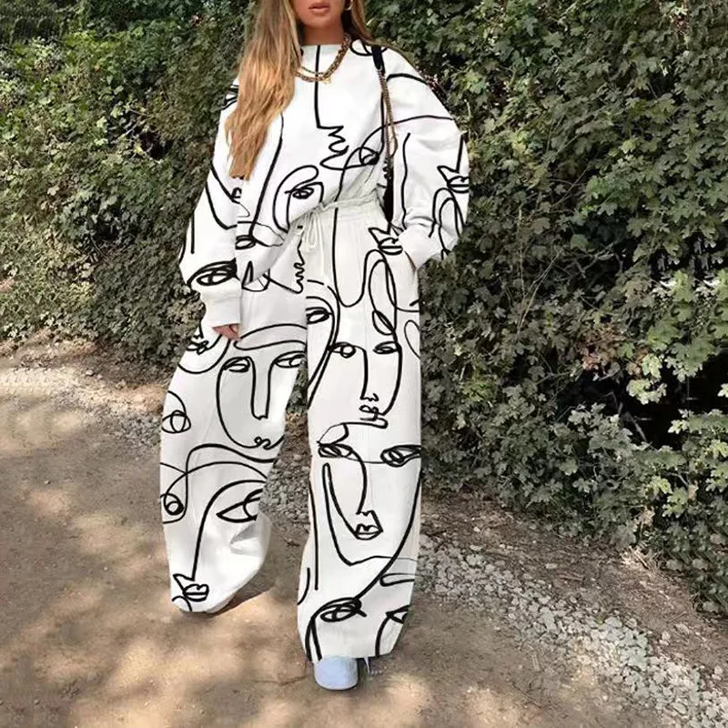 

2021 Autumn and Winter New Fashion Women's Clothing Casual Round Neck Loose Print Basic Women's Pullover Trousers Sweater Set