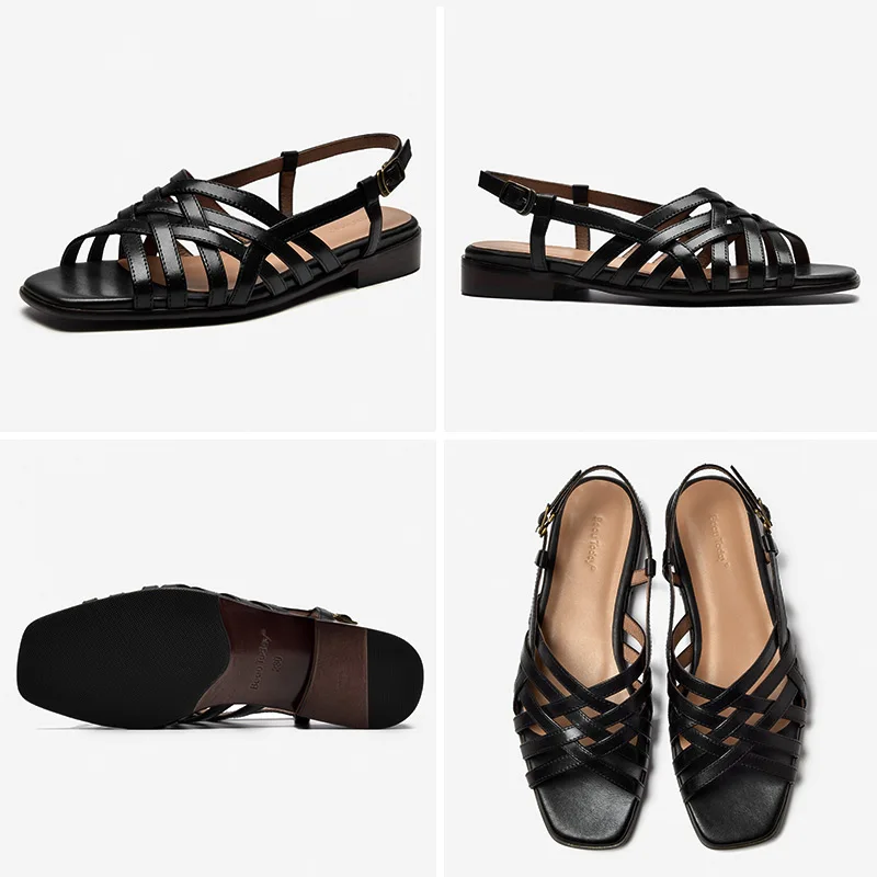 

BeauToday Gladiator Sandals Women Cow Leather Weave Square Toe Ankle Strap Flat Heel Casual Summer Ladies Sandals Handmade 32271