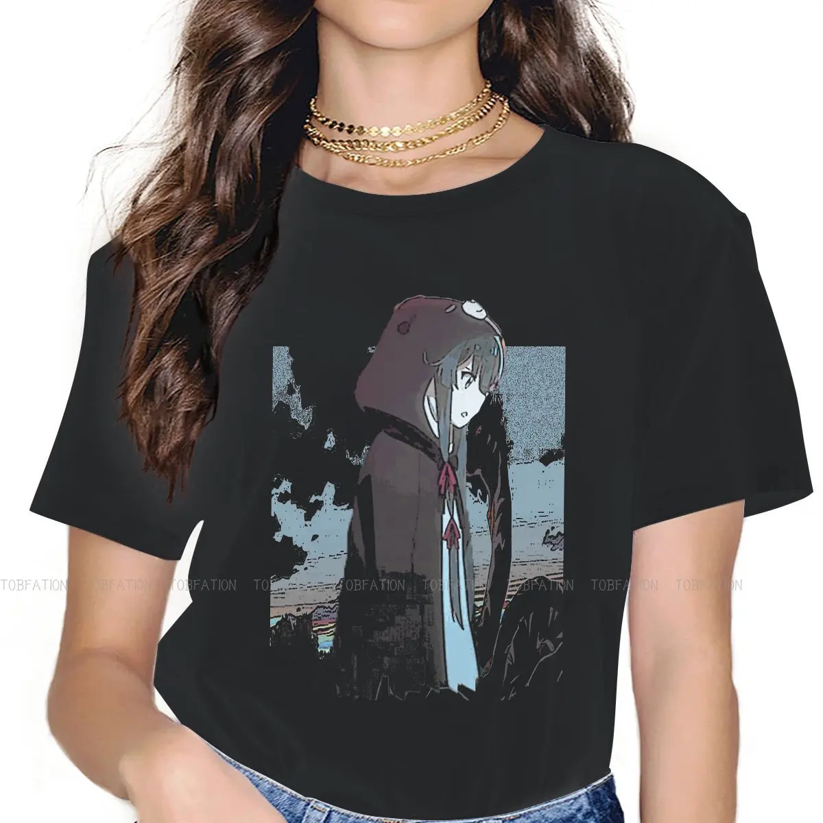 

Футболка для девушек из аниме Kuma Bear Yuna Fina черная, Женские топы с выцветанием, кавайные футболки в стиле Харадзюку, женская футболка большого ...