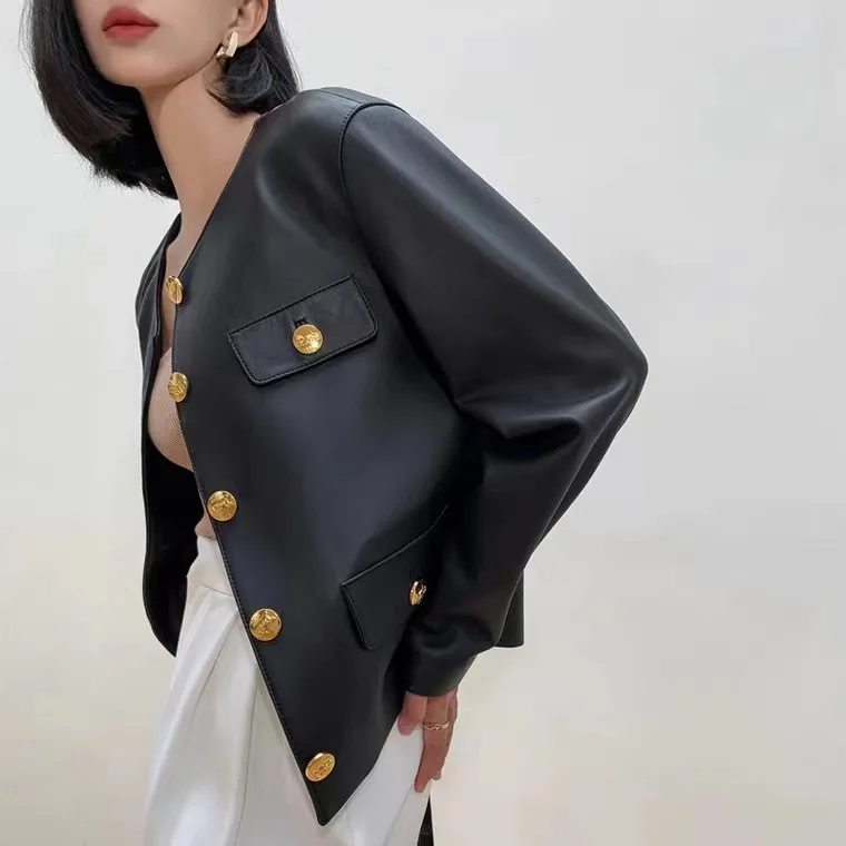 

Women's Jacket Autumn Winter New Short Sheepskin Button Leather Jacket Sexy Temperament Motorcycle Jacket.