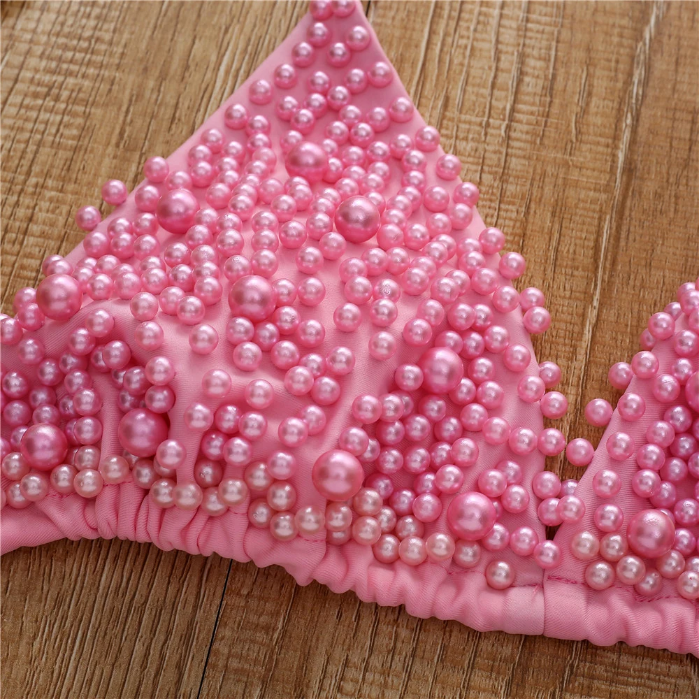Sexy Faux Pearl Bikini Set Luxury Full Rhinestone Two Pieces Bra Wear Women 2020 Bling Elastic Bandage Diamond Underwear Bras
