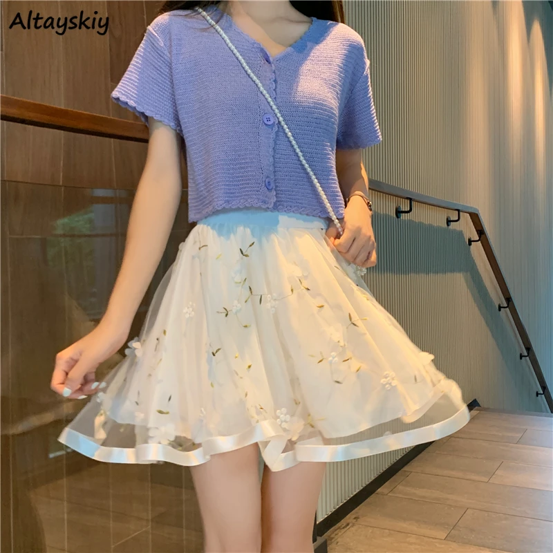 

Skirts Women Mini Length Mesh Floral High Waist Summer Casual All-match Skirt Female Sweet Elegant Streetwear Ulzzang Trendy New