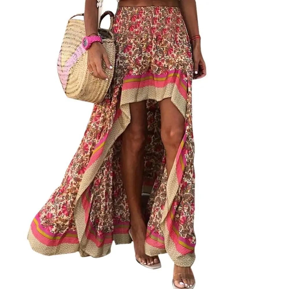 

2021 Women Stylish Elastic High Waist Ethnic Floral Print High Low Hem Long Skirt Suitable For Dance Vacation Daily Wear