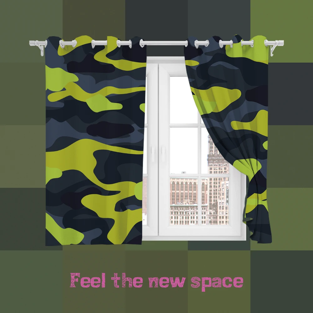 

Perforated Hook 3D Blackout Curtains Camouflage Green Cute Custom Full Blackout Sunscreen Windows Bedroom Living Room Decoration
