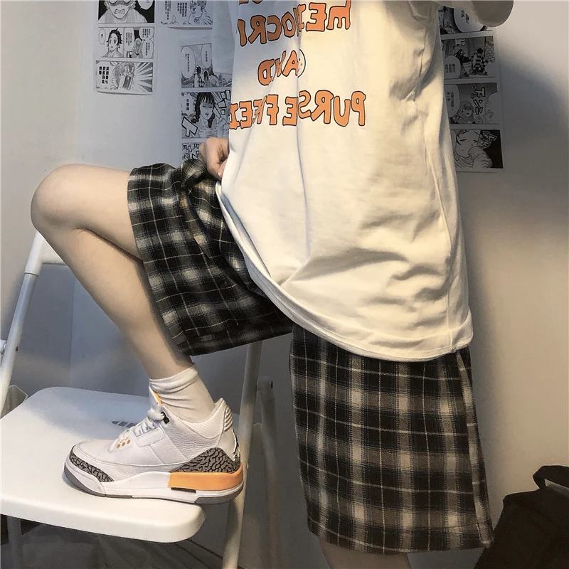 

Harajpoo Women Shorts Summer Korean Version Ins Japanese Wild Loose Casual Plaid Students Wide Leg Straight Five-point Pants