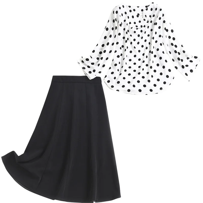 

Women elegant polka dot white tops and black skirt two piece set spring summer 2021 fashion office lady skirts suits