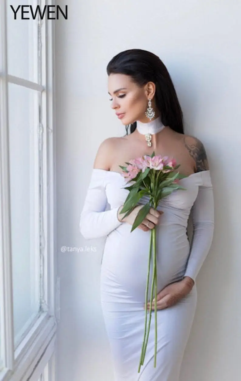 Maternity Gown for Baby Shower Photography Props Off-The-Shoulder Full Sleeves Romantic Pregnancy Dress for Photoshooting