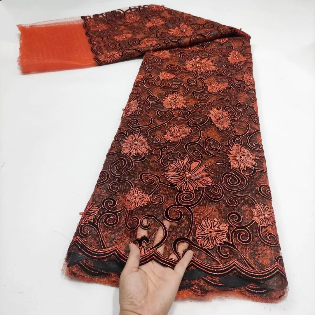 

African Flocking Velvet Mesh Lace Fabric 2022 High Quality Nigeria Mesh Lace Fabric For Xmas Party Dress