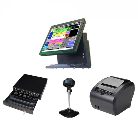 Высококачественная POS-система для ресторанов, 15-дюймовый сенсорный экран, черный цвет, состоит из TFT j1900, безвентиляторный кассовый аппарат