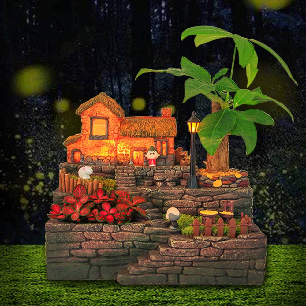 Countryside Small Town House Design DIY Resin Bonsai Flowerpot Indoor Potted Plants Gift For Valentine's Day Birthday With Light