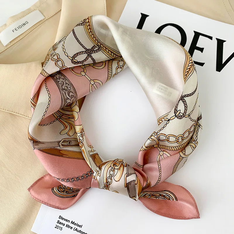 

2022 New Chain Print 100% Real Silk Square Scarf Women Neckerchief Female Luxury Designer Shawl Poncho Headband Hijab Bandana