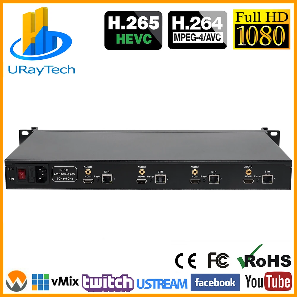 

1U Rack 4 Channels HEVC H.265 H.264 HD HDMI IP Video Streaming Encoder Transmitter IPTV Encoder H265 RTMPS RTSP RTMP UDP HLS SRT